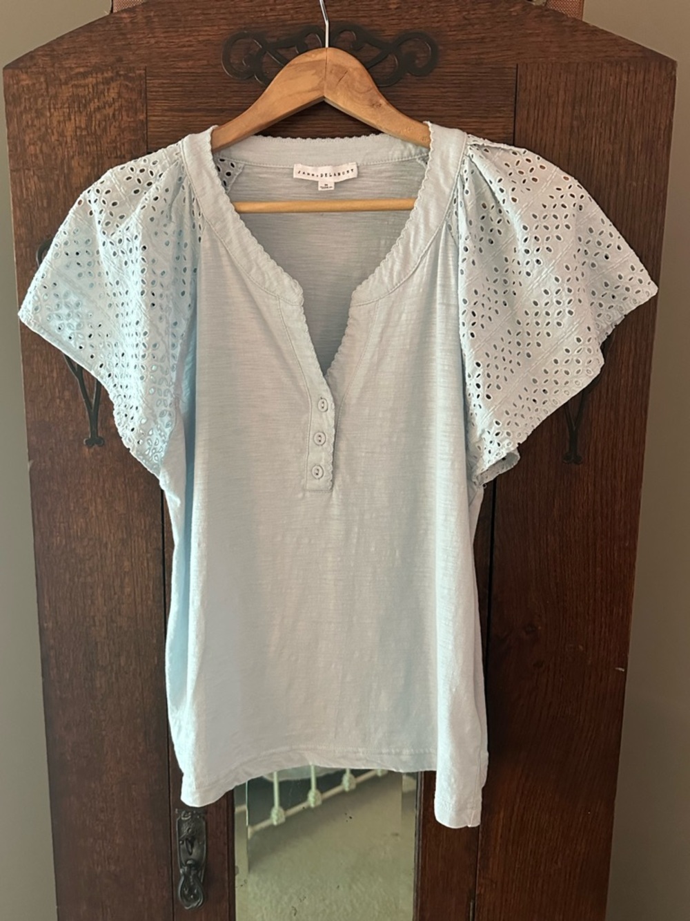 Pale Blue Eyelet Flutter Sleeve Cotton Henley- size M